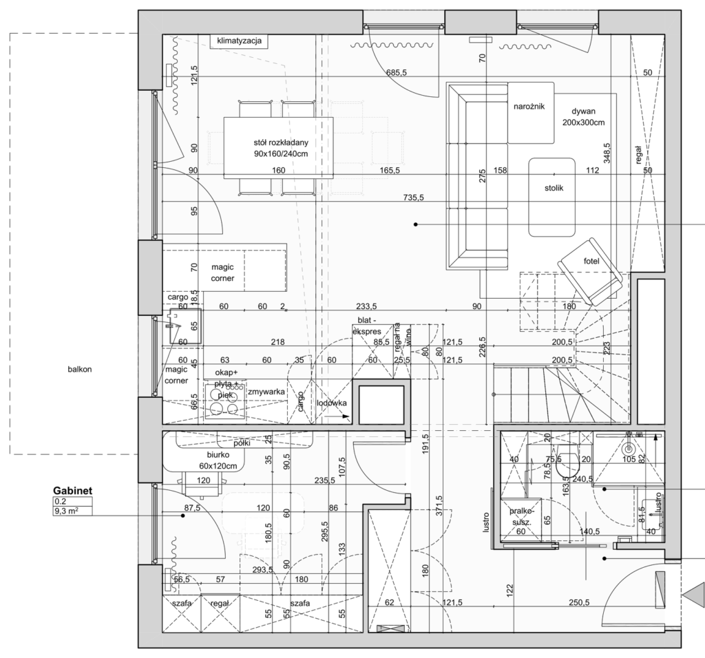 Rzut techniczny mieszkania w projekcie wnętrza – pracownia SIMPLIKA