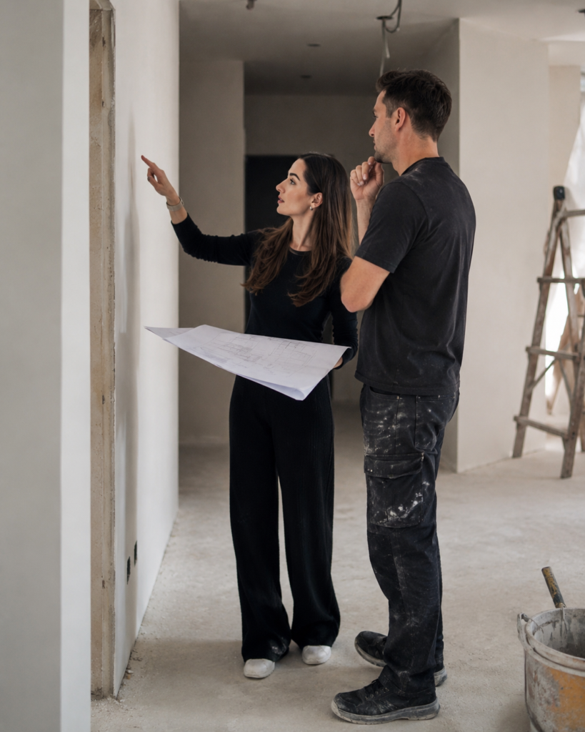 Architekt wnętrz na budowie podczas nadzoru autorskiego